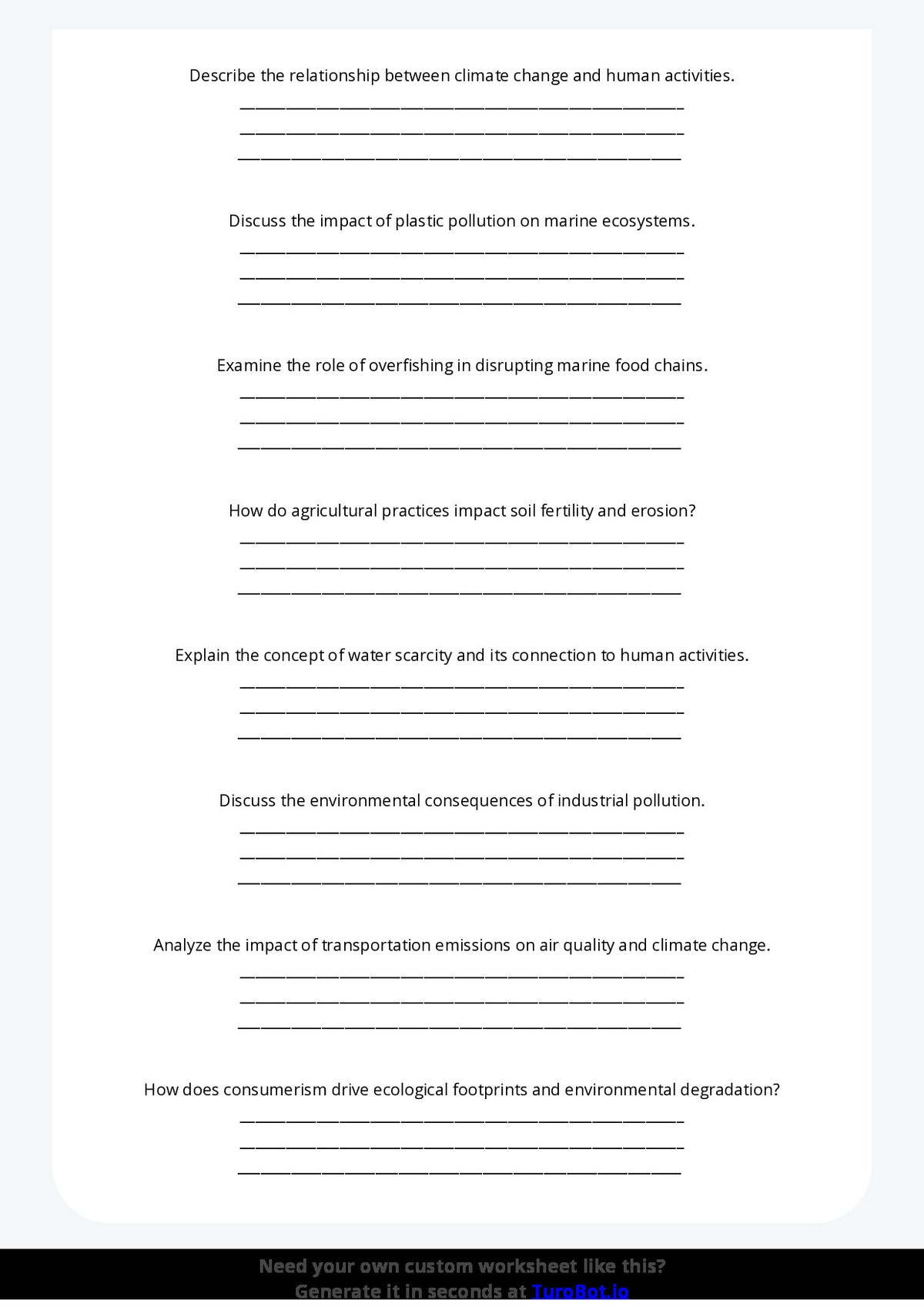 Free Worksheet - Year 9 Geography Human Impact on the Environment Short Answer Response