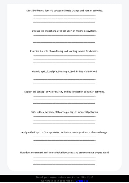 Free Worksheet - Year 9 Geography Human Impact on the Environment Short Answer Response