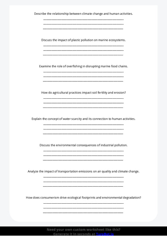 Free Worksheet - Year 9 Geography Human Impact on the Environment Short Answer Response