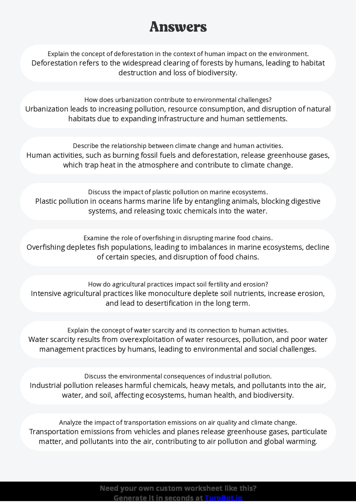 Free Worksheet - Year 9 Geography Human Impact on the Environment Short Answer Response