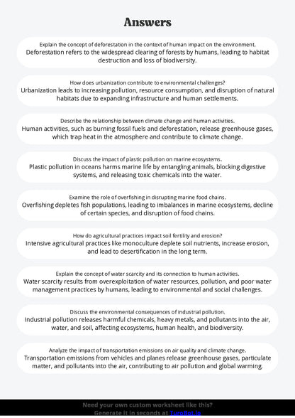 Free Worksheet - Year 9 Geography Human Impact on the Environment Short Answer Response