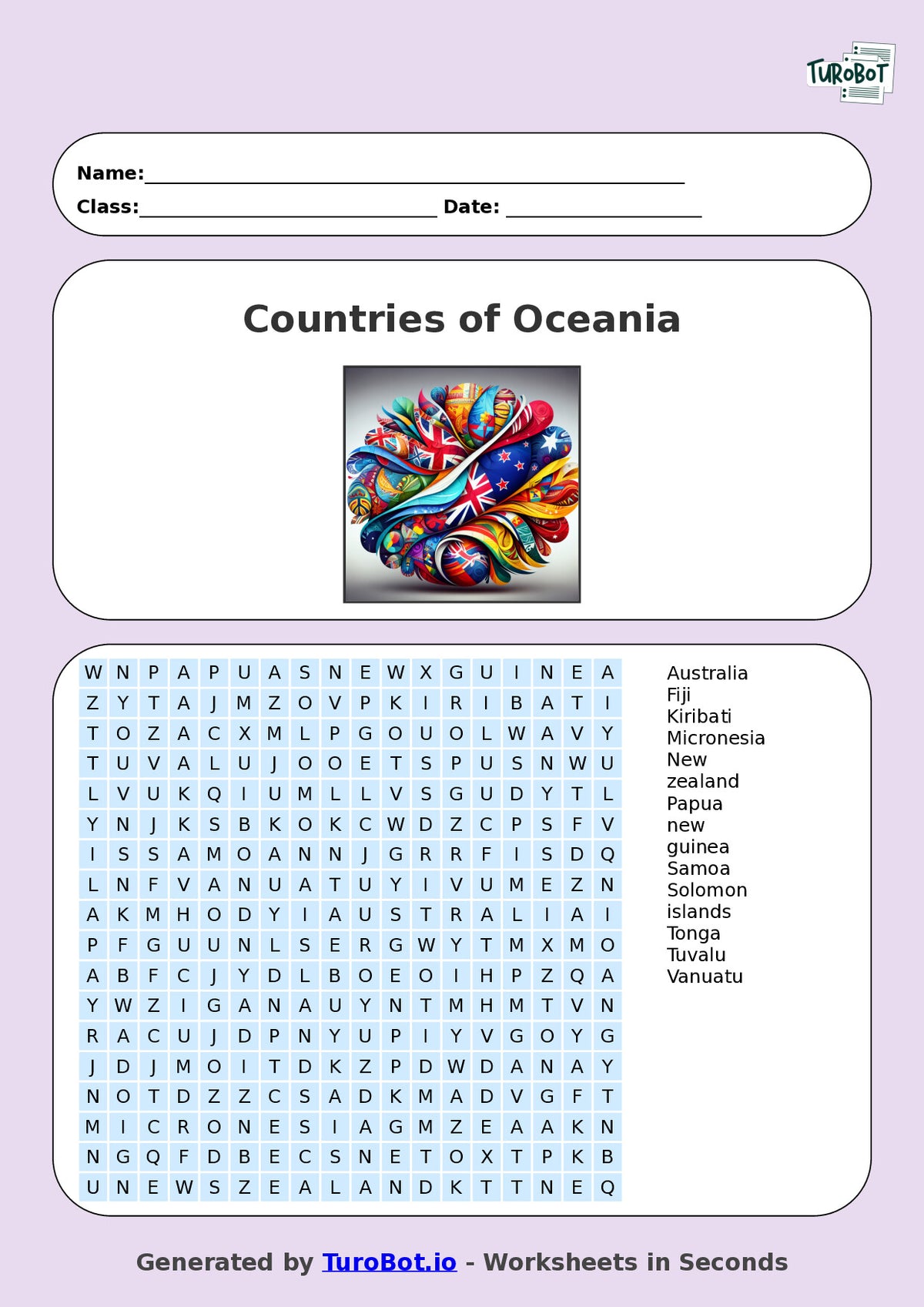 Geography - Year 6 - Find a Word - Countries of Oceania – Free Find a Word Worksheet