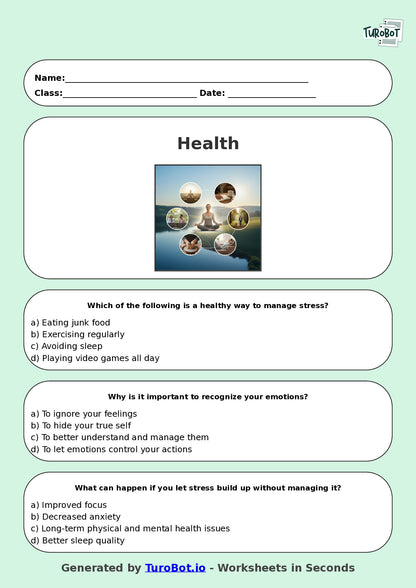 Year 8 Health Multiple Choice Worksheet – Managing Stress and Emotions