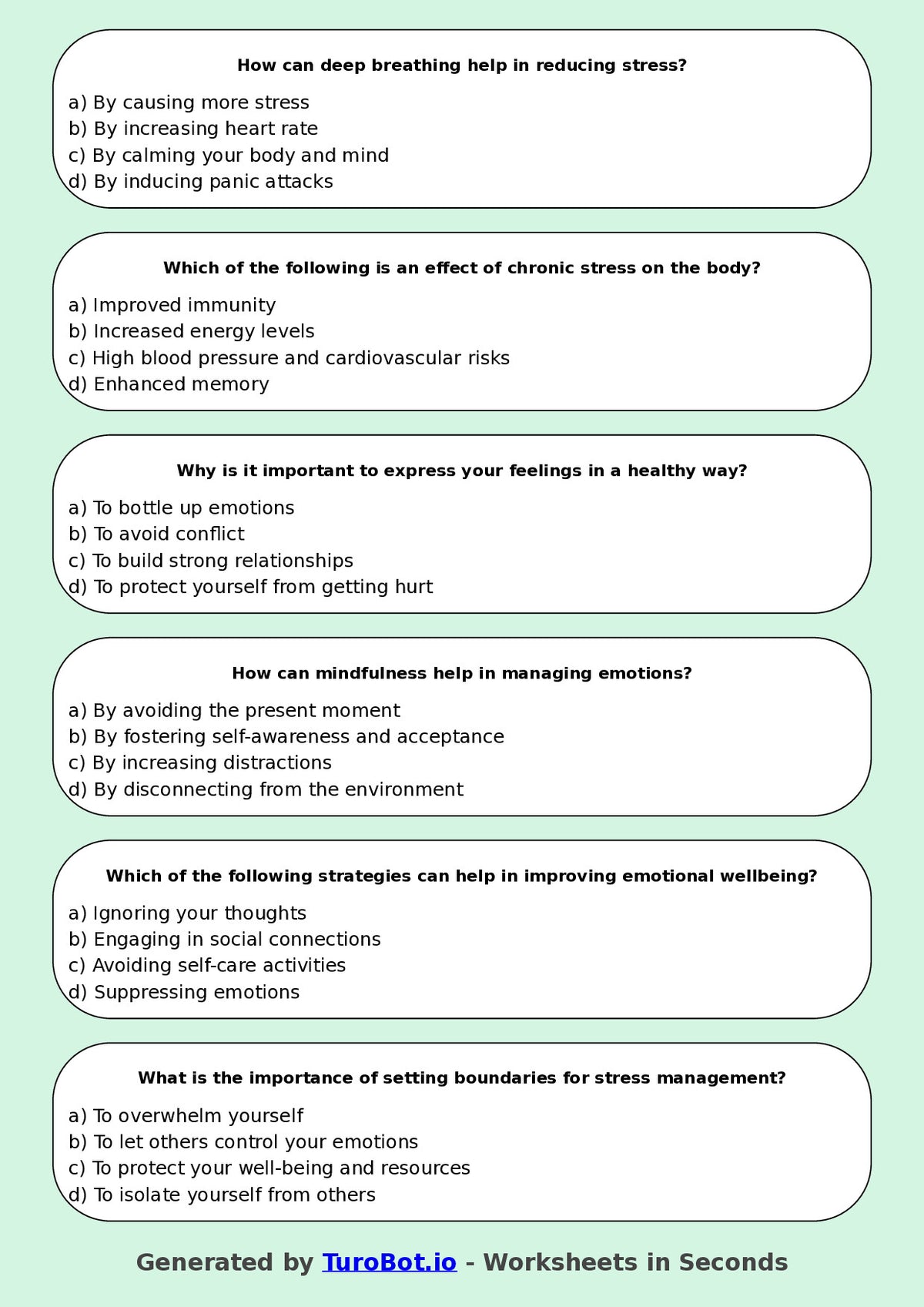 Year 8 Health Multiple Choice Worksheet – Managing Stress and Emotions