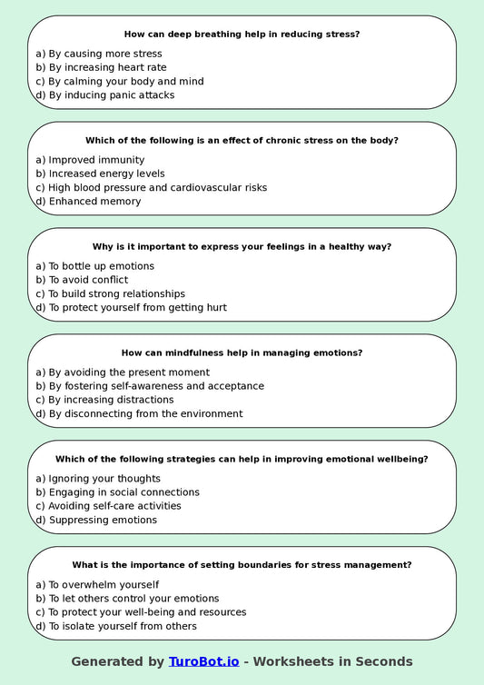 Year 8 Health Multiple Choice Worksheet – Managing Stress and Emotions