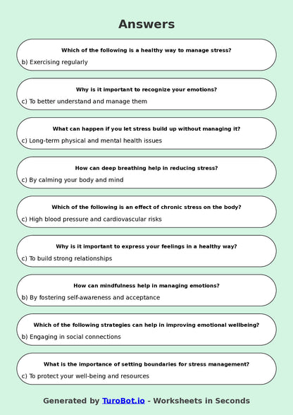 Year 8 Health Multiple Choice Worksheet – Managing Stress and Emotions