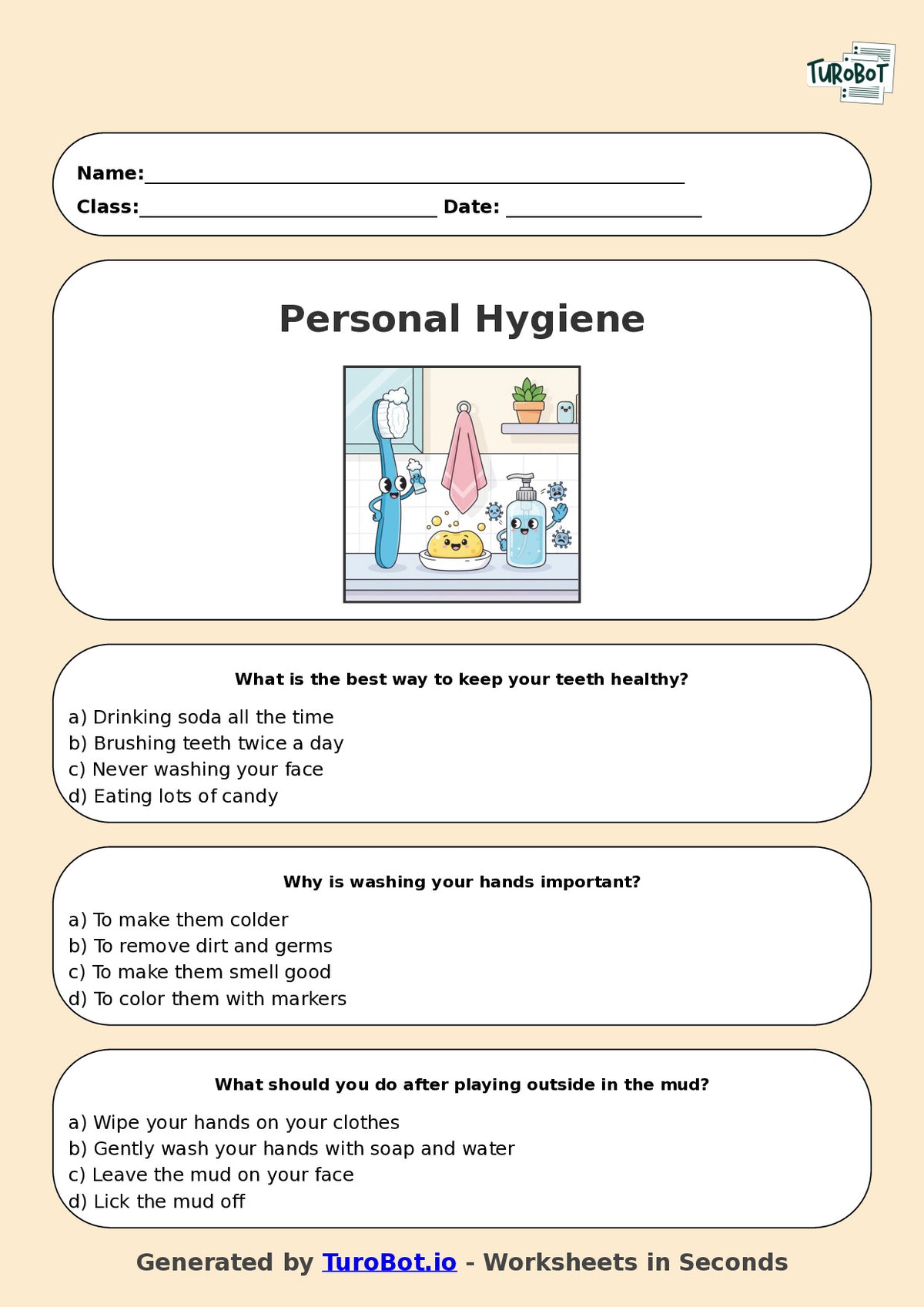 Year 3 Health & Wellbeing Multiple Choice Worksheet – Personal Hygiene Habits