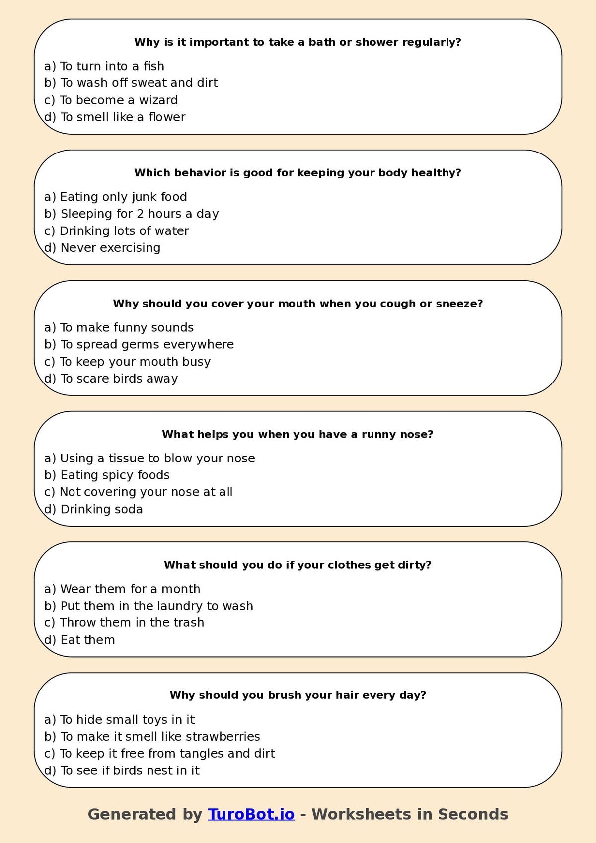 Year 3 Health & Wellbeing Multiple Choice Worksheet – Personal Hygiene Habits
