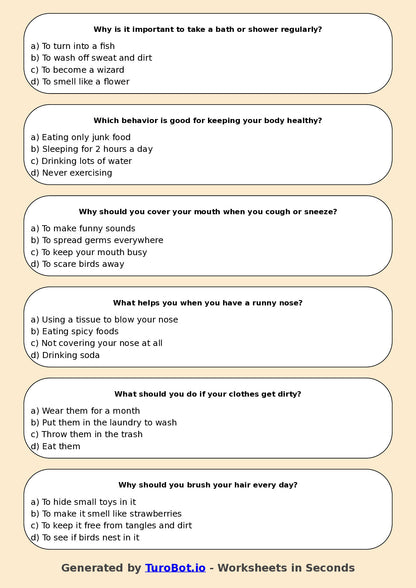 Year 3 Health & Wellbeing Multiple Choice Worksheet – Personal Hygiene Habits