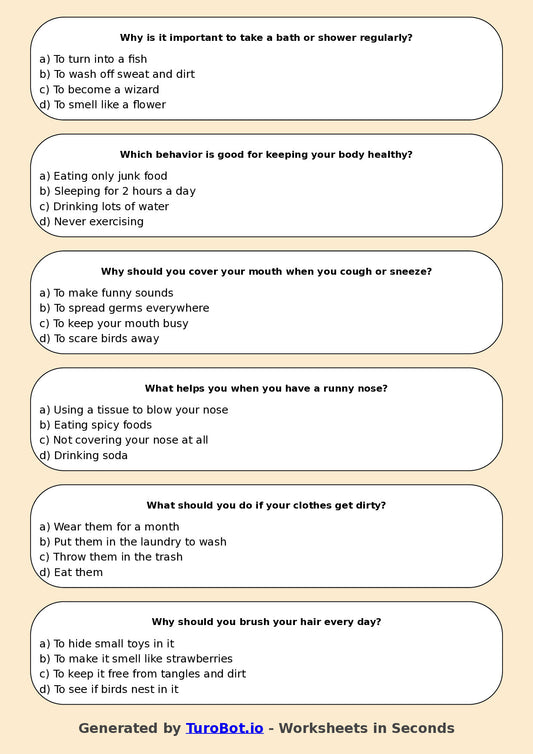 Year 3 Health & Wellbeing Multiple Choice Worksheet – Personal Hygiene Habits