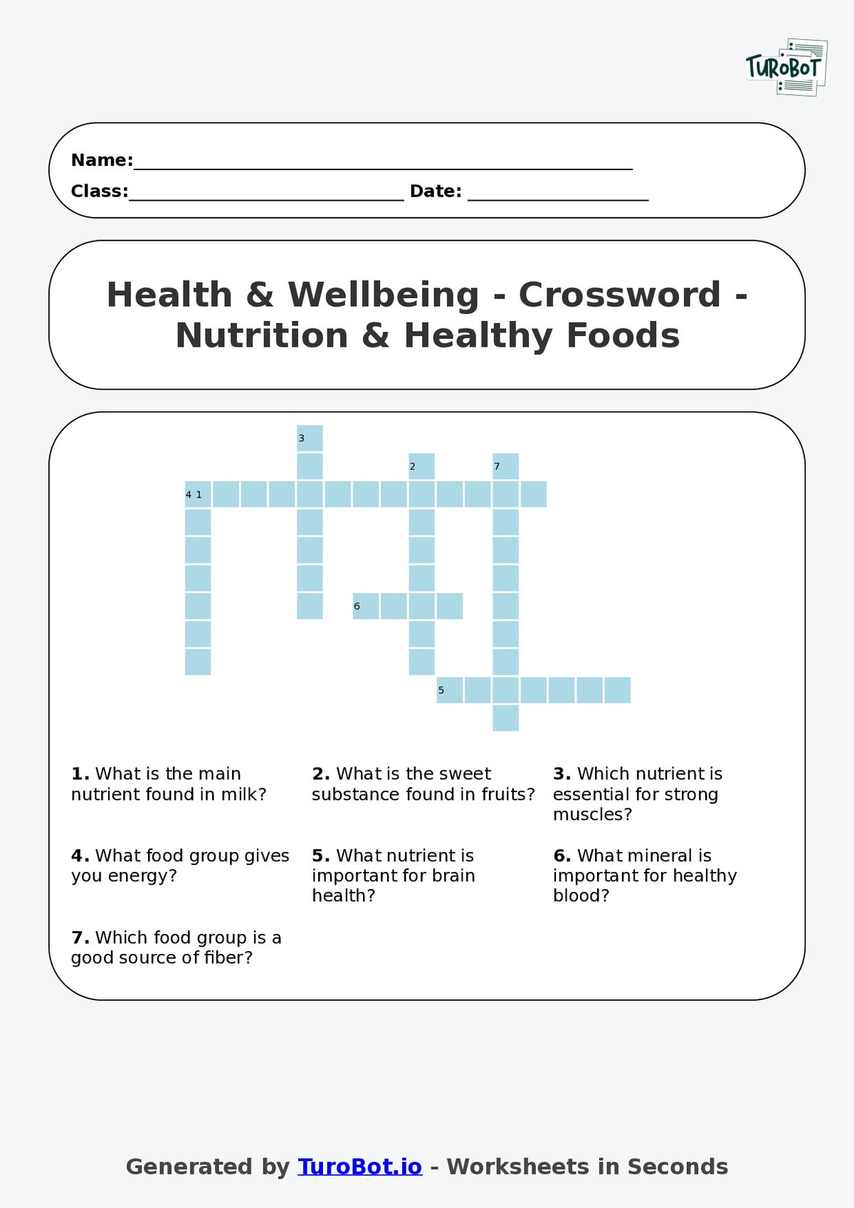Year 4 Health & Wellbeing Crossword Worksheet – Nutrition & Healthy Foods