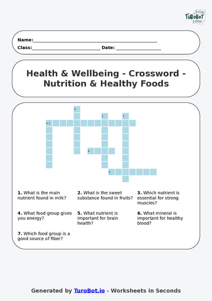 Year 4 Health & Wellbeing Crossword Worksheet – Nutrition & Healthy Foods