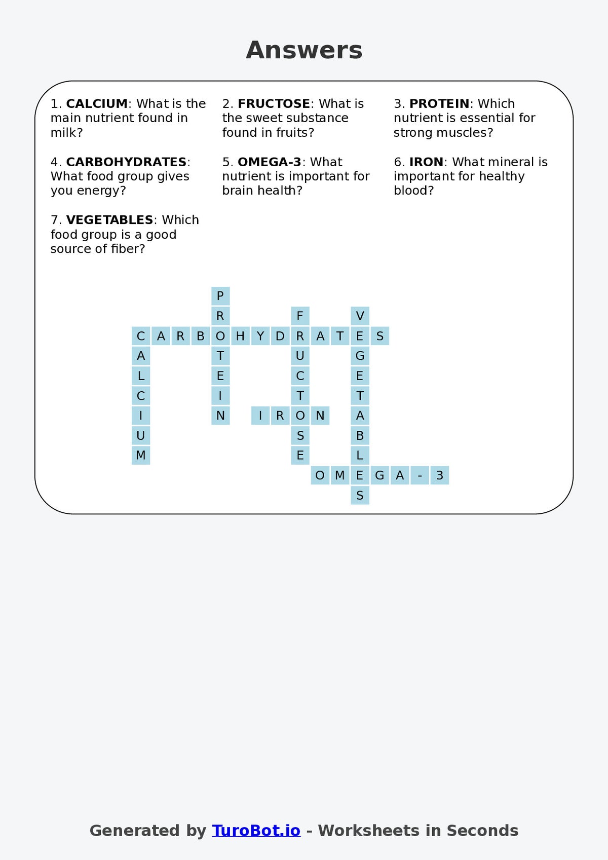 Year 4 Health & Wellbeing Crossword Worksheet – Nutrition & Healthy Foods