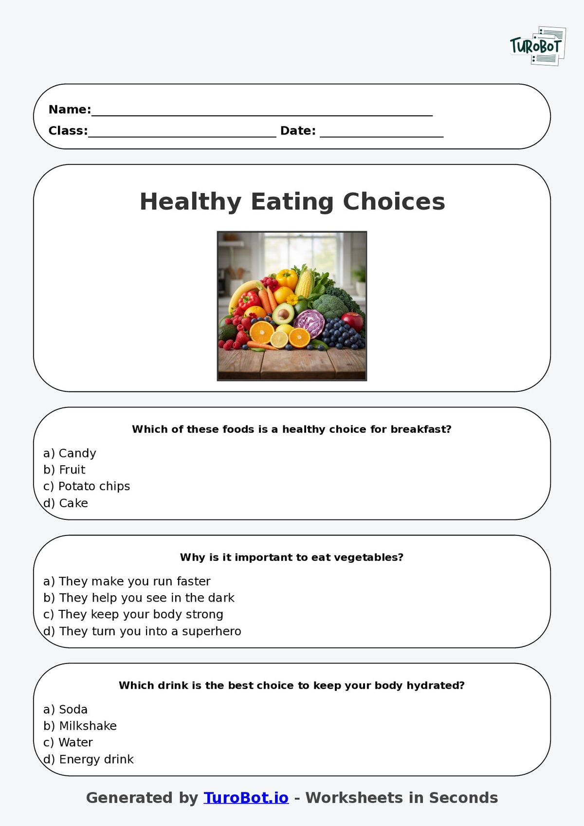 Year 4 Health & Wellbeing Multiple Choice Worksheet – Healthy Eating Choices