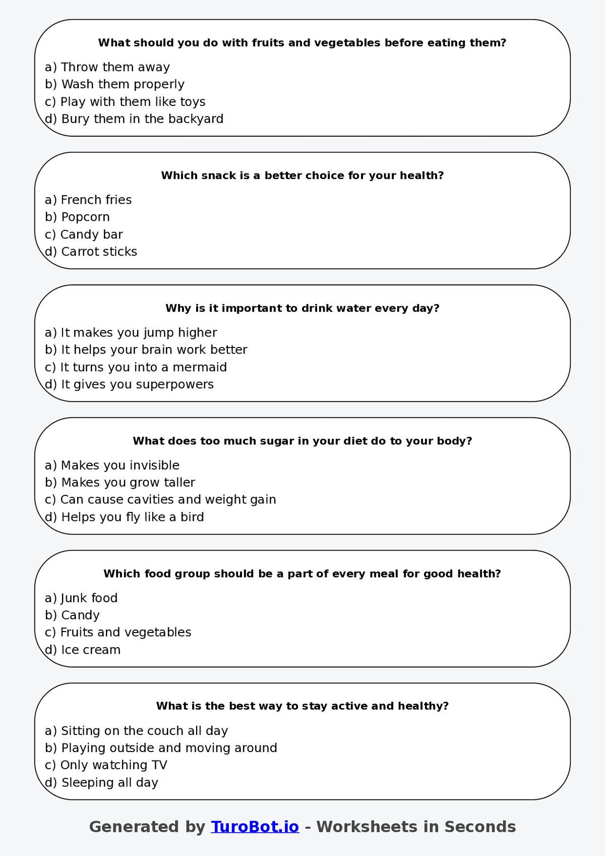 Year 4 Health & Wellbeing Multiple Choice Worksheet – Healthy Eating Choices