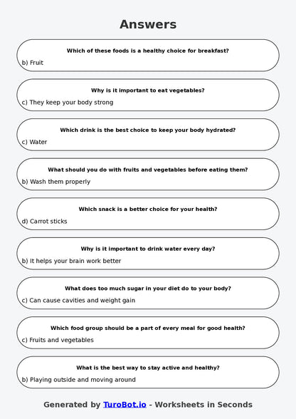Year 4 Health & Wellbeing Multiple Choice Worksheet – Healthy Eating Choices
