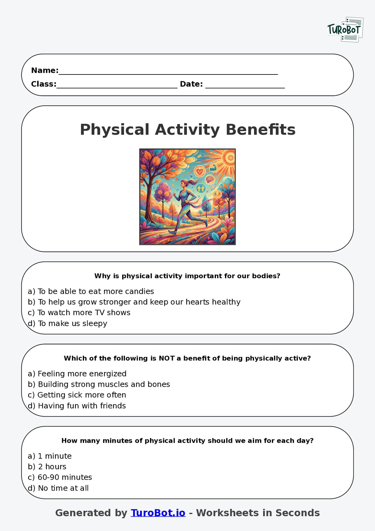 Year 4 Health & Wellbeing Multiple Choice Worksheet – Physical Activity Benefits