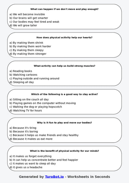 Year 4 Health & Wellbeing Multiple Choice Worksheet – Physical Activity Benefits