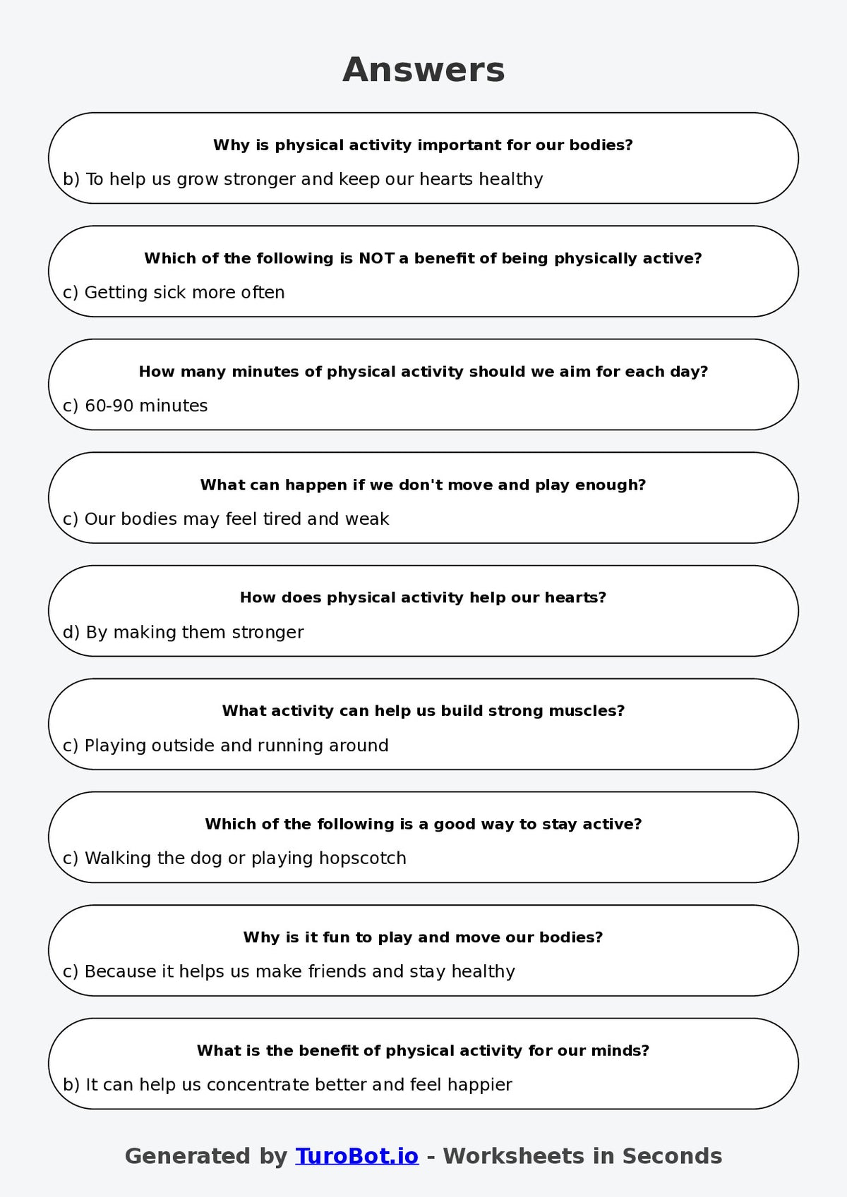 Year 4 Health & Wellbeing Multiple Choice Worksheet – Physical Activity Benefits