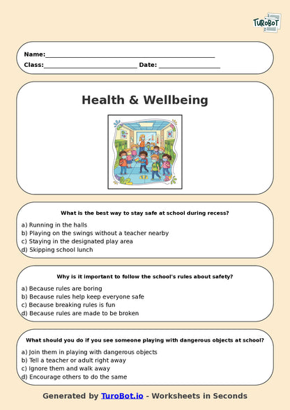 Year 5 Health & Wellbeing Multiple Choice Worksheet – Staying Safe at School