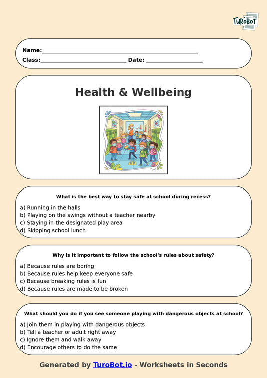 Year 5 Health & Wellbeing Multiple Choice Worksheet – Staying Safe at School