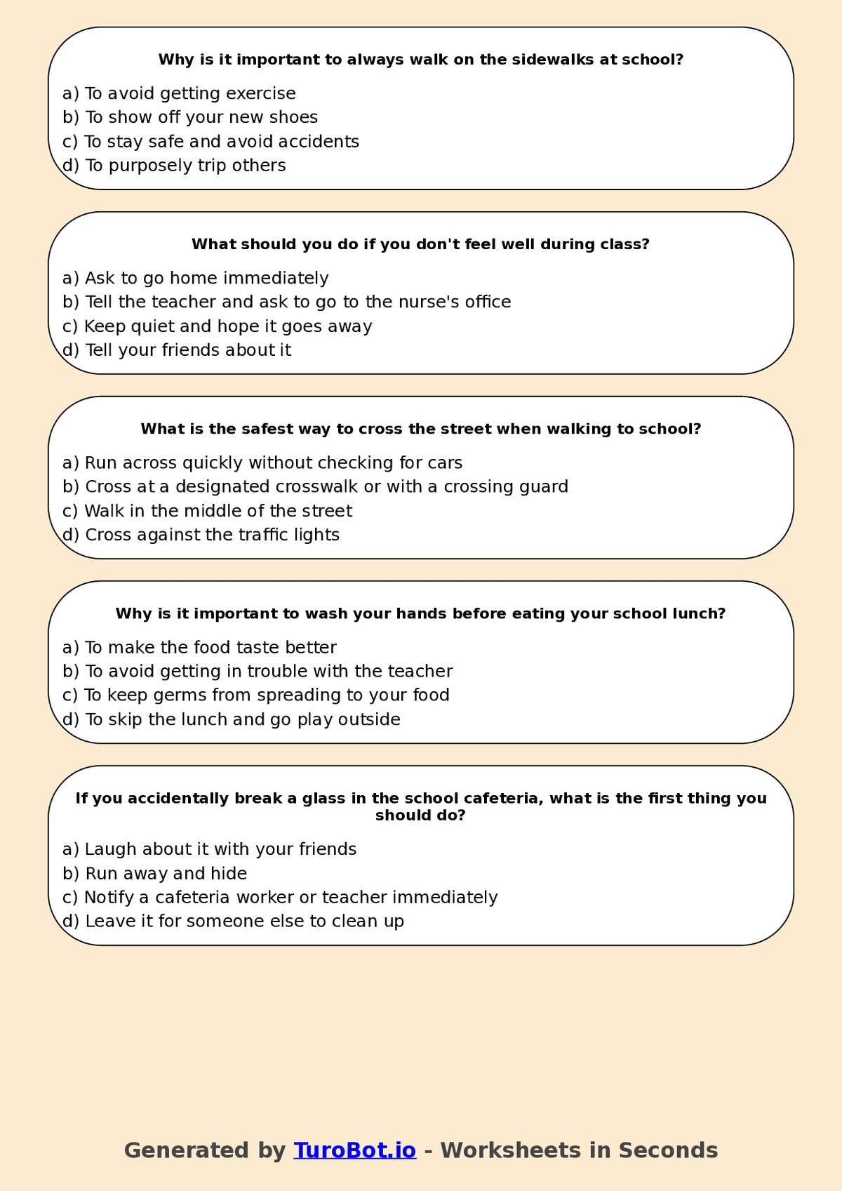 Year 5 Health & Wellbeing Multiple Choice Worksheet – Staying Safe at School
