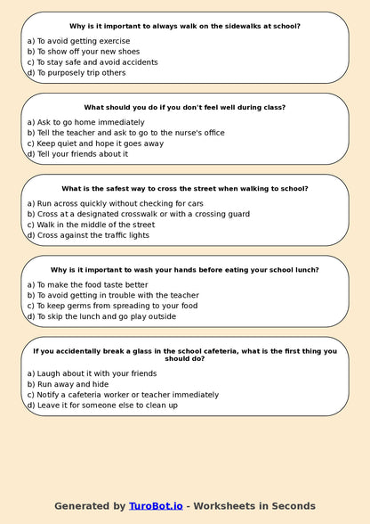 Year 5 Health & Wellbeing Multiple Choice Worksheet – Staying Safe at School