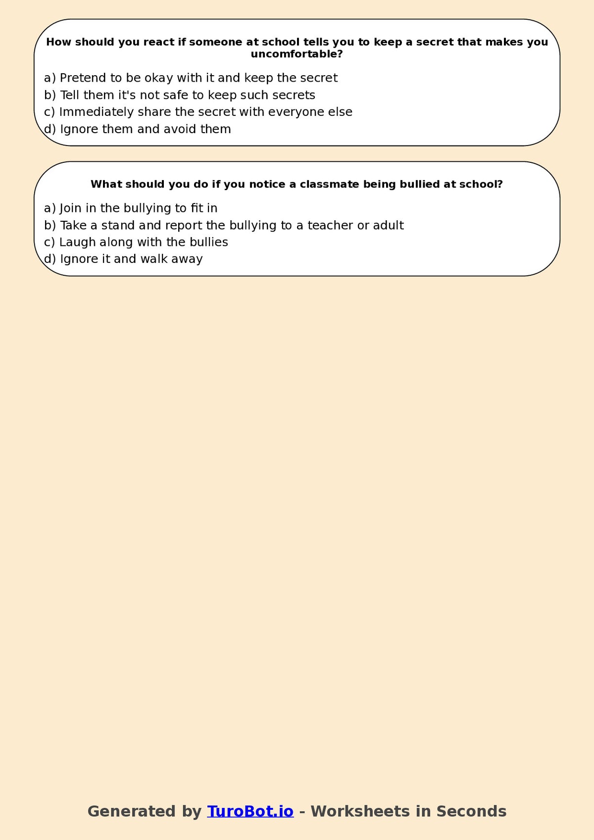 Year 5 Health & Wellbeing Multiple Choice Worksheet – Staying Safe at School