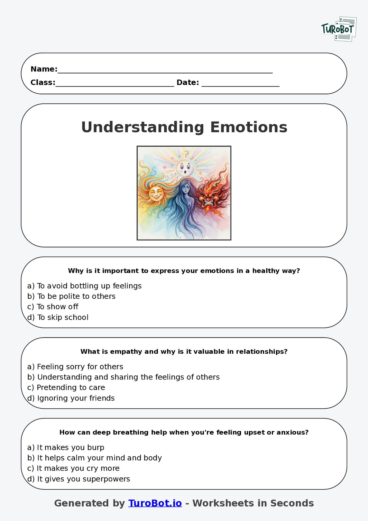Year 5 Health & Wellbeing Multiple Choice Worksheet – Understanding Emotions