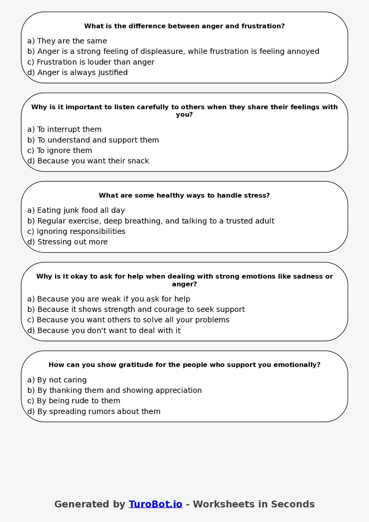 Year 5 Health & Wellbeing Multiple Choice Worksheet – Understanding Emotions