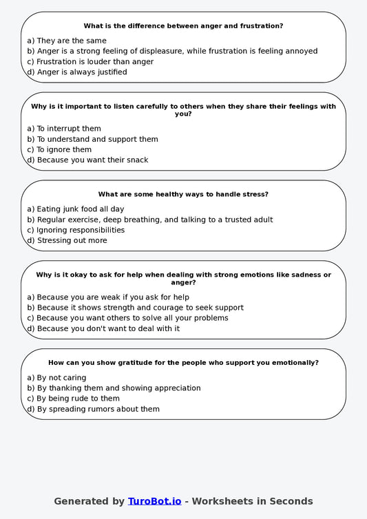 Year 5 Health & Wellbeing Multiple Choice Worksheet – Understanding Emotions