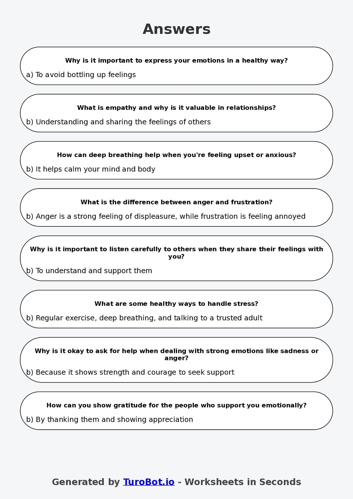 Year 5 Health & Wellbeing Multiple Choice Worksheet – Understanding Emotions