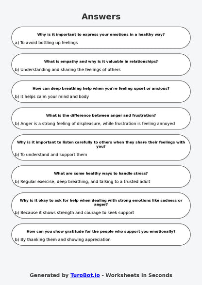 Year 5 Health & Wellbeing Multiple Choice Worksheet – Understanding Emotions