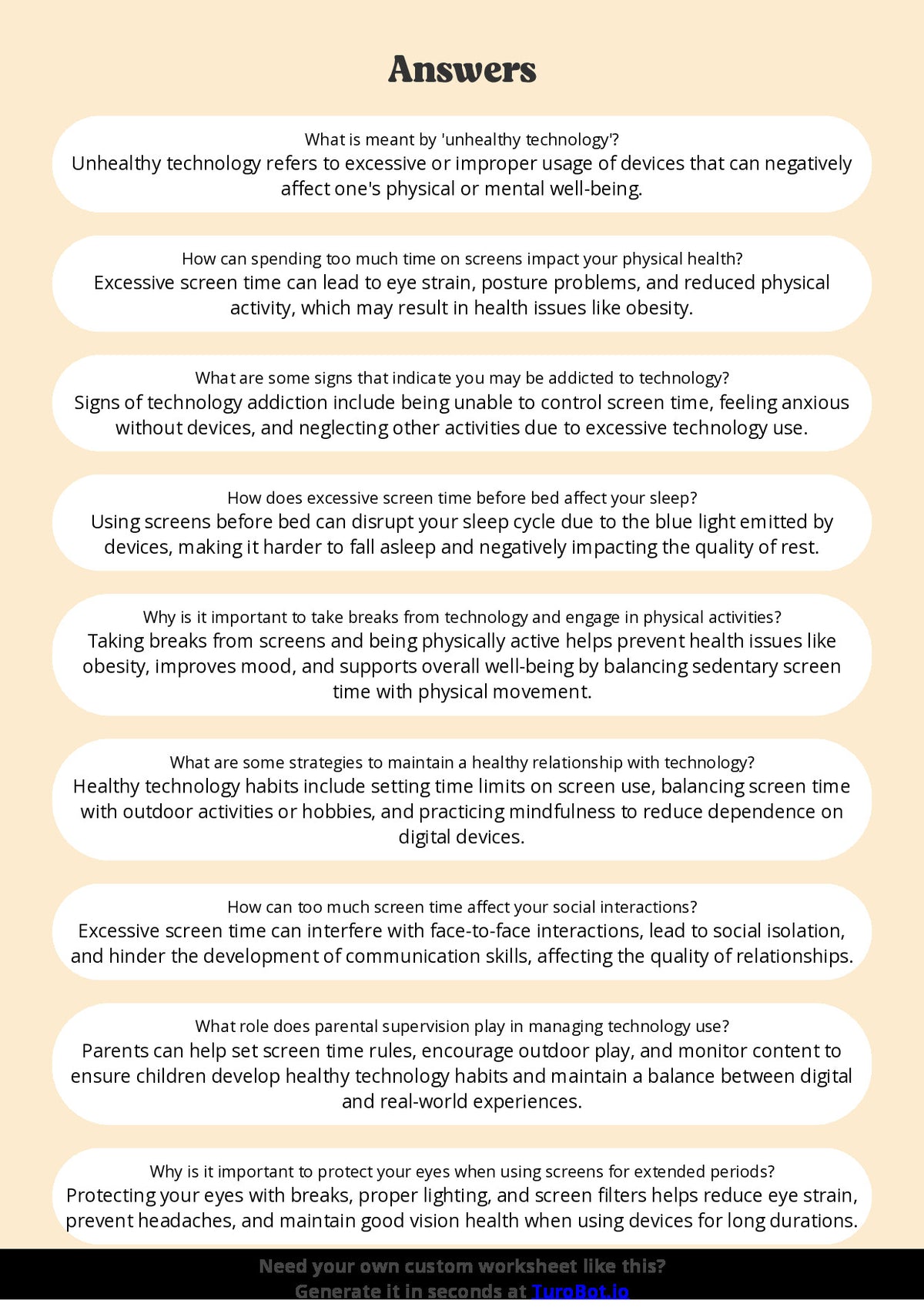 Free Worksheet - Year 5 Health & Wellbeing When Technology Becomes Unhealthy Multiple Choice