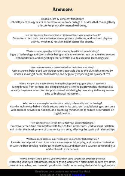 Free Worksheet - Year 5 Health & Wellbeing When Technology Becomes Unhealthy Multiple Choice