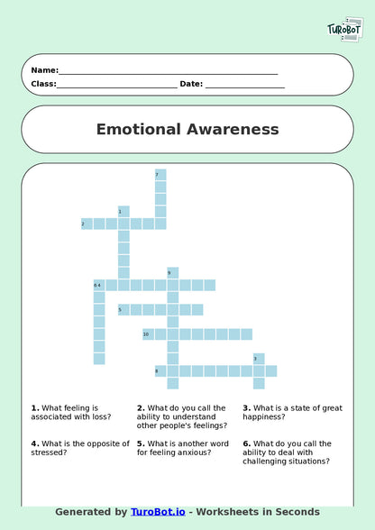 Year 6 Health & Wellbeing Crossword Worksheet – Emotional Awareness