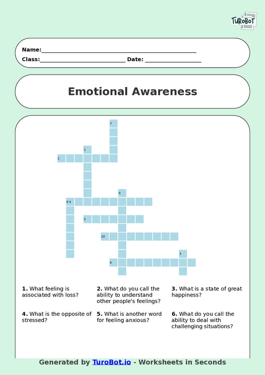 Year 6 Health & Wellbeing Crossword Worksheet – Emotional Awareness