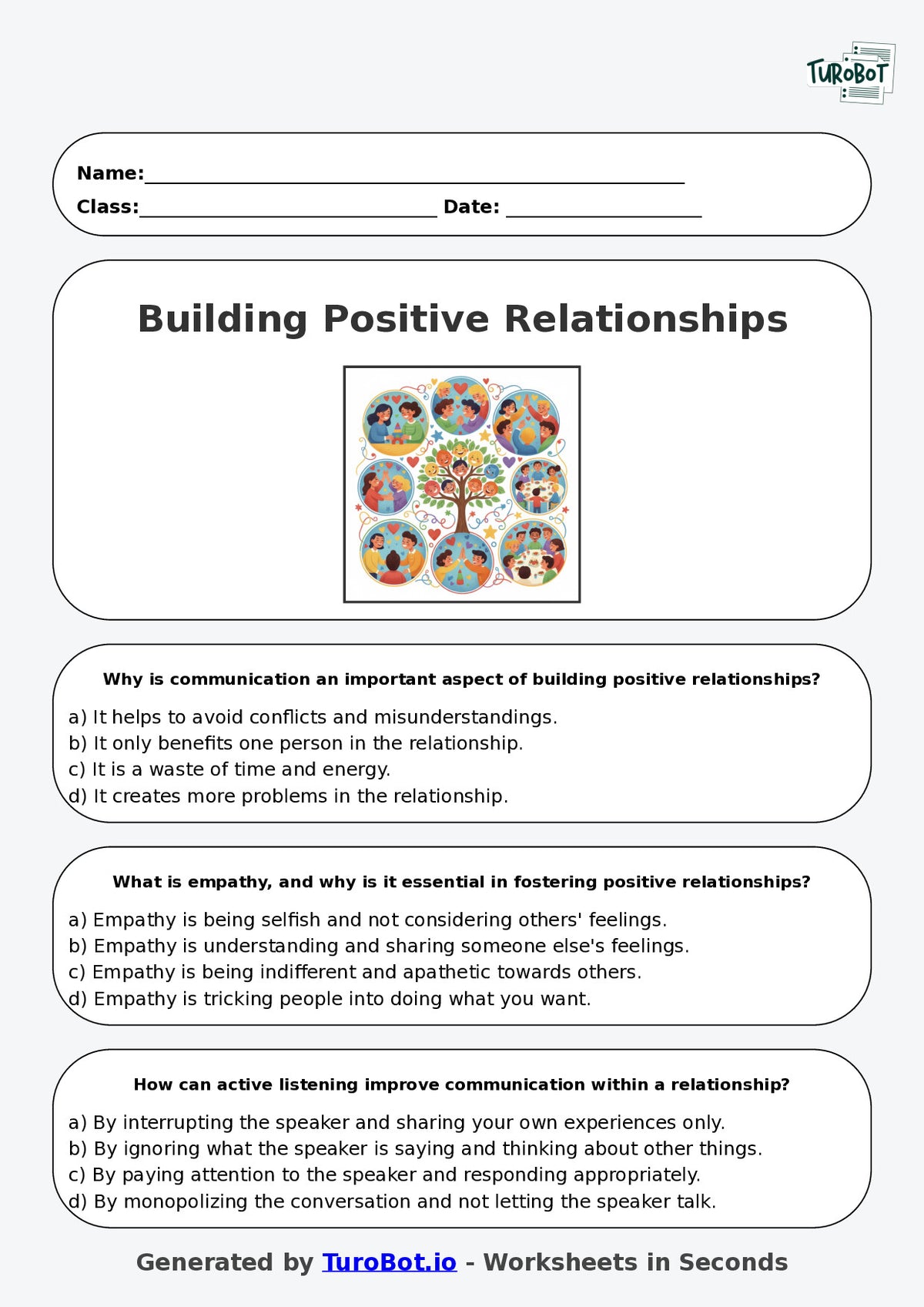 Year 6 Health & Wellbeing Multiple Choice Worksheet – Building Positive Relationships