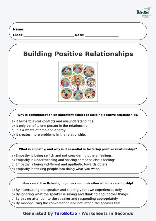 Year 6 Health & Wellbeing Multiple Choice Worksheet – Building Positive Relationships