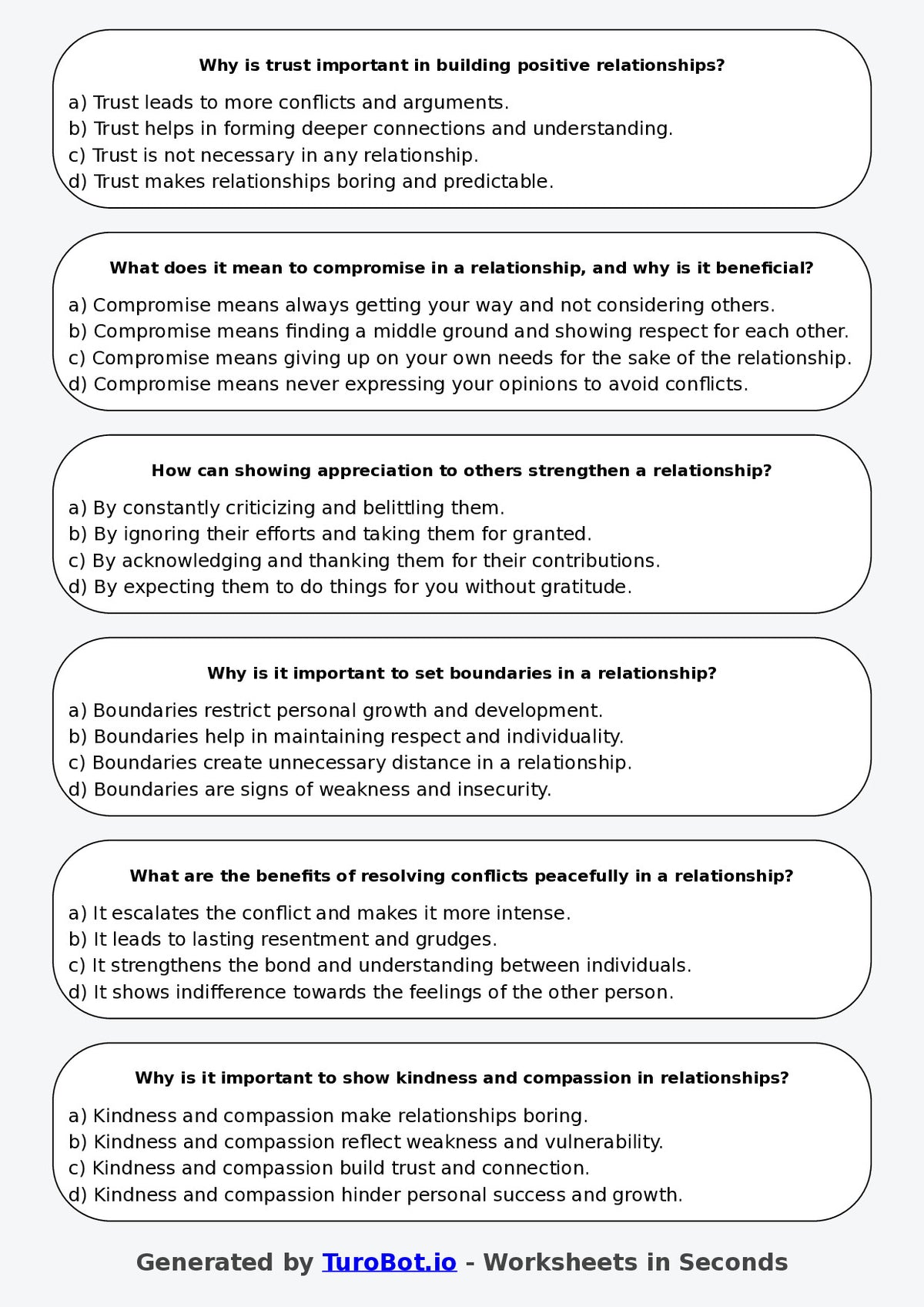 Year 6 Health & Wellbeing Multiple Choice Worksheet – Building Positive Relationships