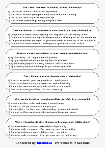Year 6 Health & Wellbeing Multiple Choice Worksheet – Building Positive Relationships