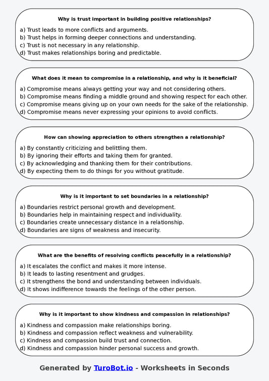 Year 6 Health & Wellbeing Multiple Choice Worksheet – Building Positive Relationships