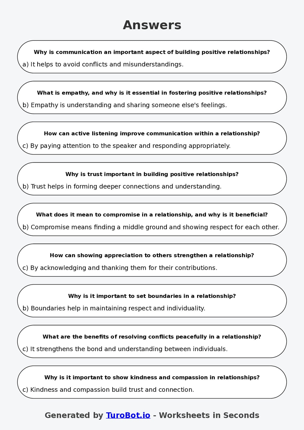 Year 6 Health & Wellbeing Multiple Choice Worksheet – Building Positive Relationships