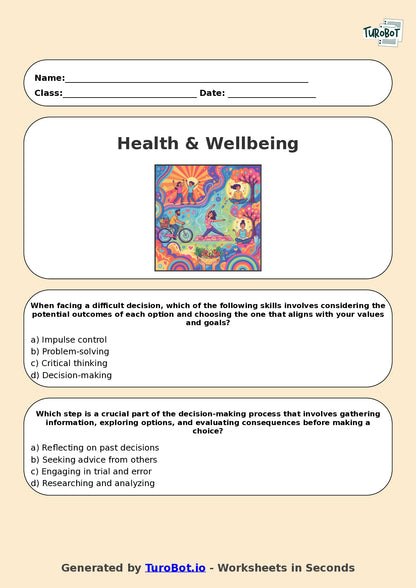 Year 7 Health & Wellbeing Multiple Choice Worksheet – Decision Making Skills