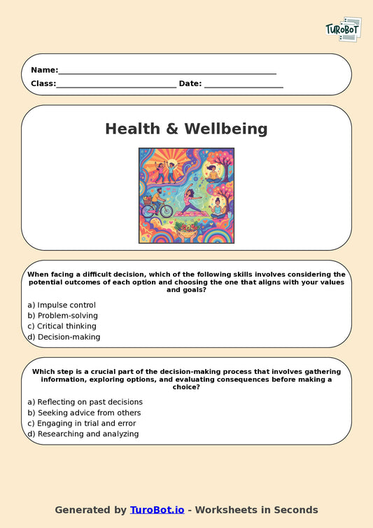 Year 7 Health & Wellbeing Multiple Choice Worksheet – Decision Making Skills