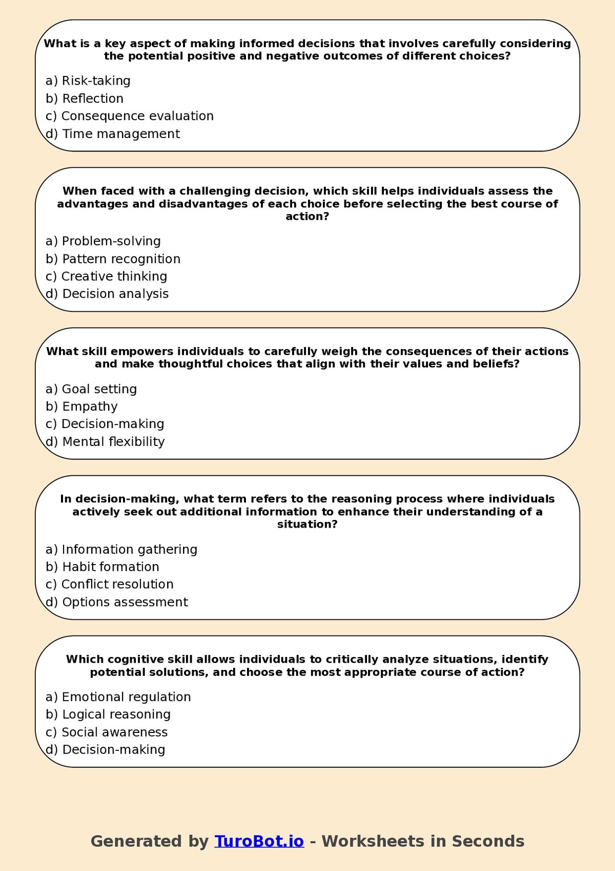 Year 7 Health & Wellbeing Multiple Choice Worksheet – Decision Making Skills