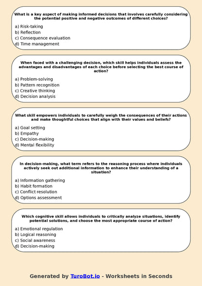 Year 7 Health & Wellbeing Multiple Choice Worksheet – Decision Making Skills