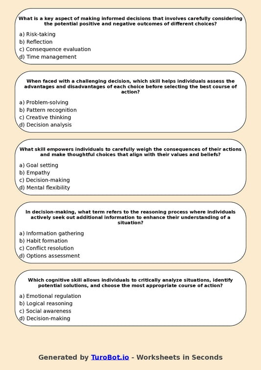 Year 7 Health & Wellbeing Multiple Choice Worksheet – Decision Making Skills