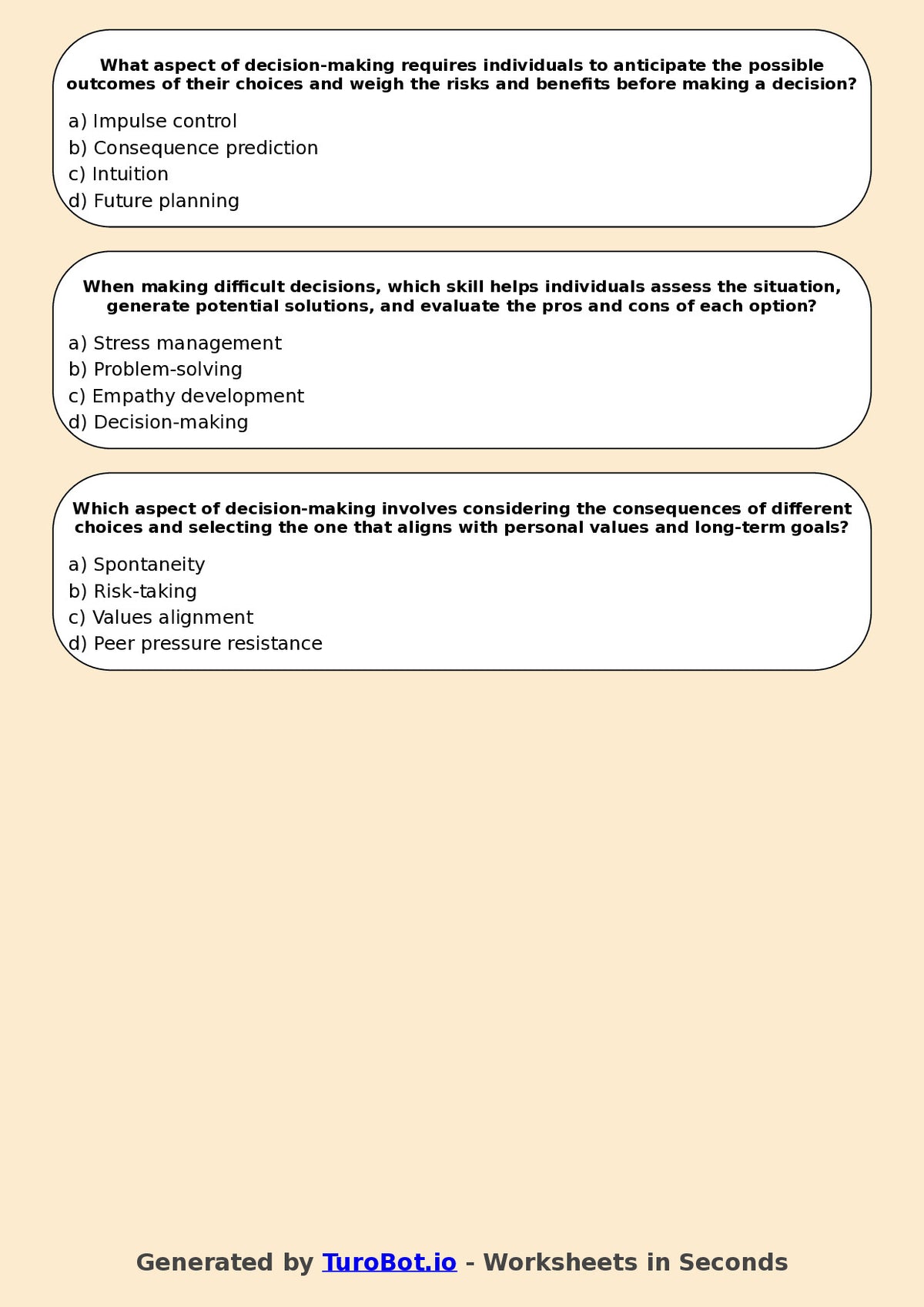 Year 7 Health & Wellbeing Multiple Choice Worksheet – Decision Making Skills