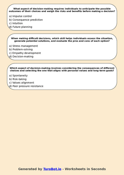 Year 7 Health & Wellbeing Multiple Choice Worksheet – Decision Making Skills